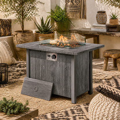 Luno Rectangular Steel Dark Grey Gas Fire Pit Table With Cover And Glass Screen