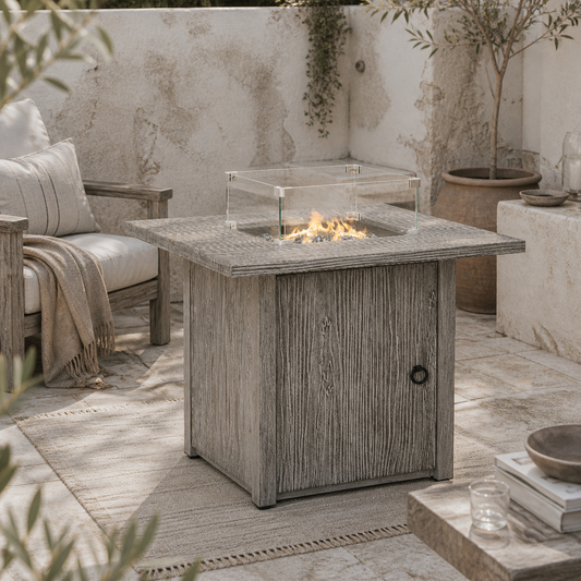 Vesoka Steel Grey Square Garden Outdoor Gas Fire Pit Table With Cover And Glass Screen