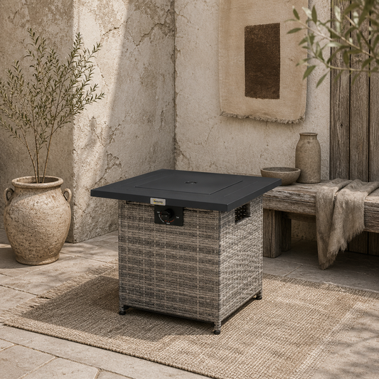 Rata Faux Rattan Grey Square Gas Fire Pit Table With Rain Cover Mesh Lid And Lava Stones