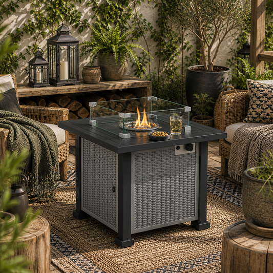 Misana Talu Steel Grey Rattan Square Outdoor Garden Gas Fire Pit Table