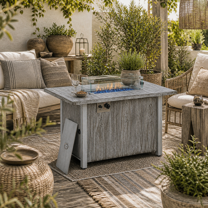 Zisefasu Steel Grey Wood Effect Gas Fire Pit Table with Cover And Glass Screen