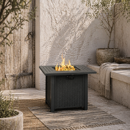 Ellulo Rattan Black Square Propane Gas Fire Pit Table with Cover Glass Beads And Lid