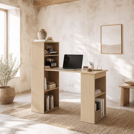 Mane 120cm Natural Wood Study Desk With 6 Tier Bookshelf Storage