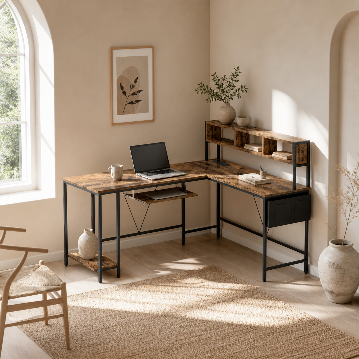 Ledoel 240cm Rustic Brown Reversible L Shaped Desk With Power Outlet Shelves And Keyboard Tray For 2 Users