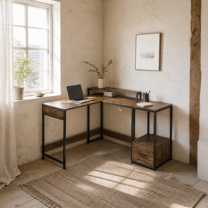 Raleno 137.5cm Brown Industrial L Shaped Multi Purpose Work Desk