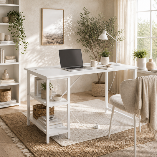 Vima 120cm White Home Office Desk With Integrated Power Sockets