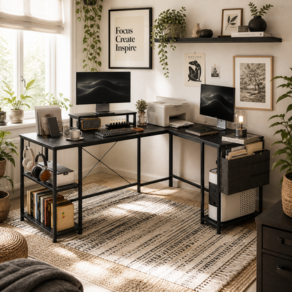 Kadoso 168cm Black Reversible Industrial L Shaped Desk With Adjustable Shelves And Monitor Stand