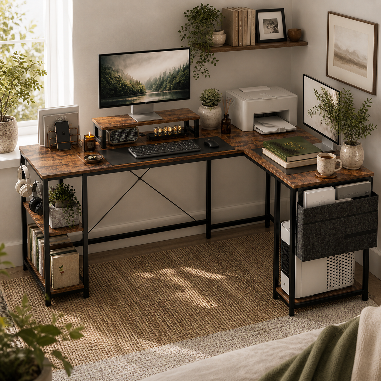 Lesano 168cm Rustic Brow Reversible Industrial L Shaped Desk With Adjustable Shelves And Monitor Stand