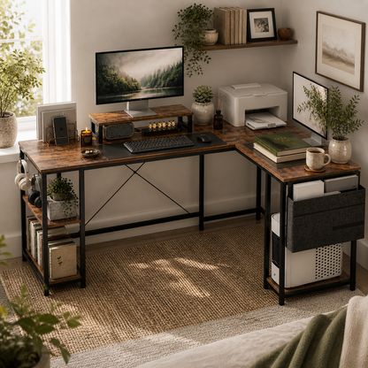Lesano 168cm Rustic Brow Reversible Industrial L Shaped Desk With Adjustable Shelves And Monitor Stand