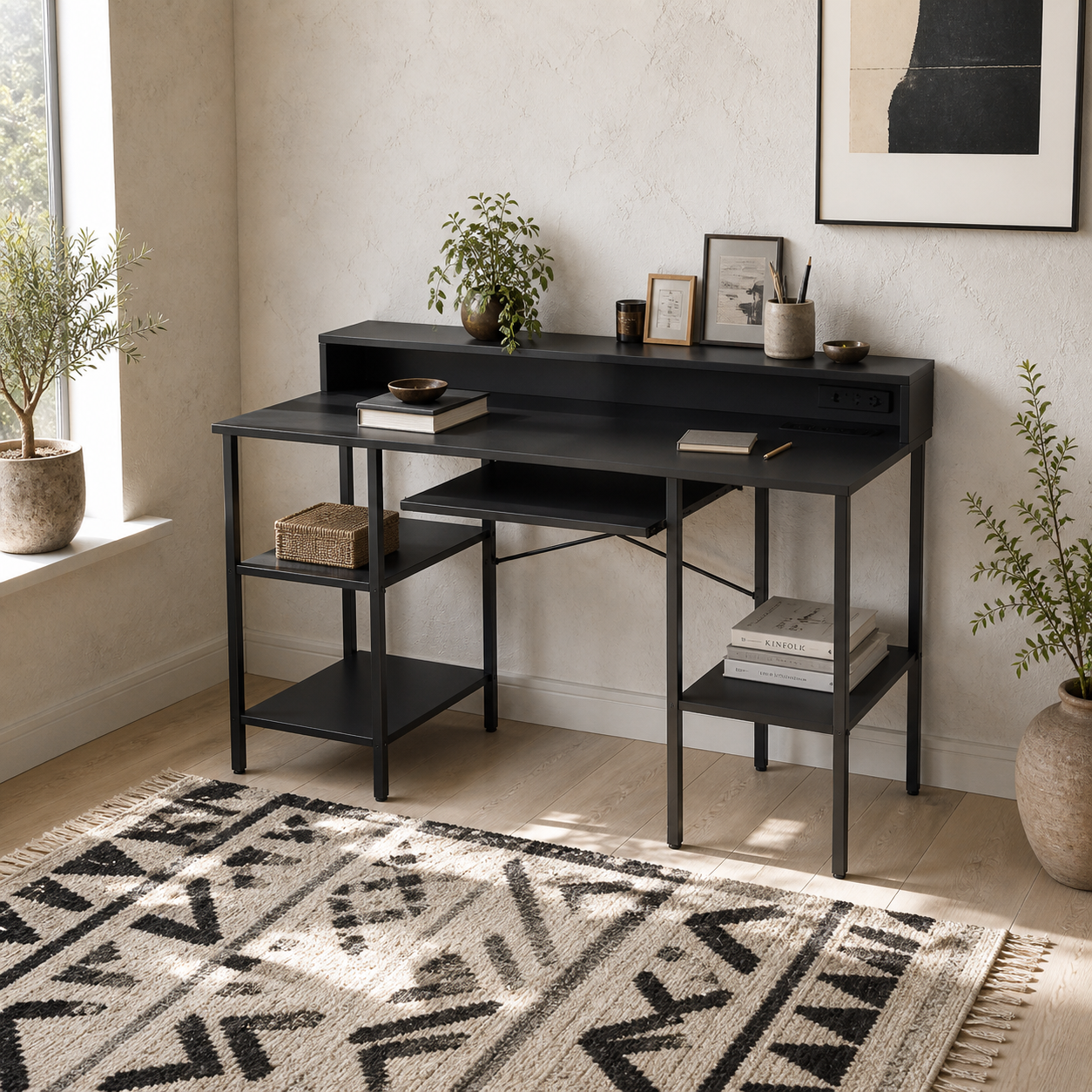 Dino 120cm Black Gaming Desk With LED Lighting Power Outlets Monitor Stand And Keyboard Tray