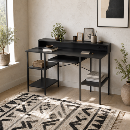 Dino 120cm Black Gaming Desk With LED Lighting Power Outlets Monitor Stand And Keyboard Tray