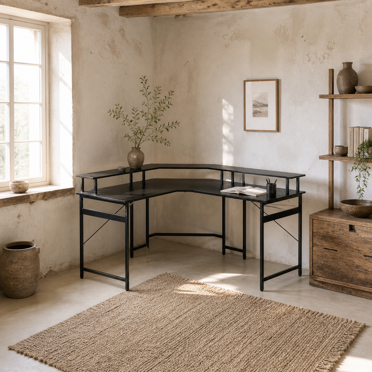 Vevano 138.5cm Black L Shaped Work Desk With Integrated LED Lighting