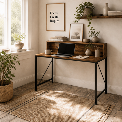 Rena Rustic Brown 100cm Gaming Desk With LED Lights Power Outlets And Monitor Stand