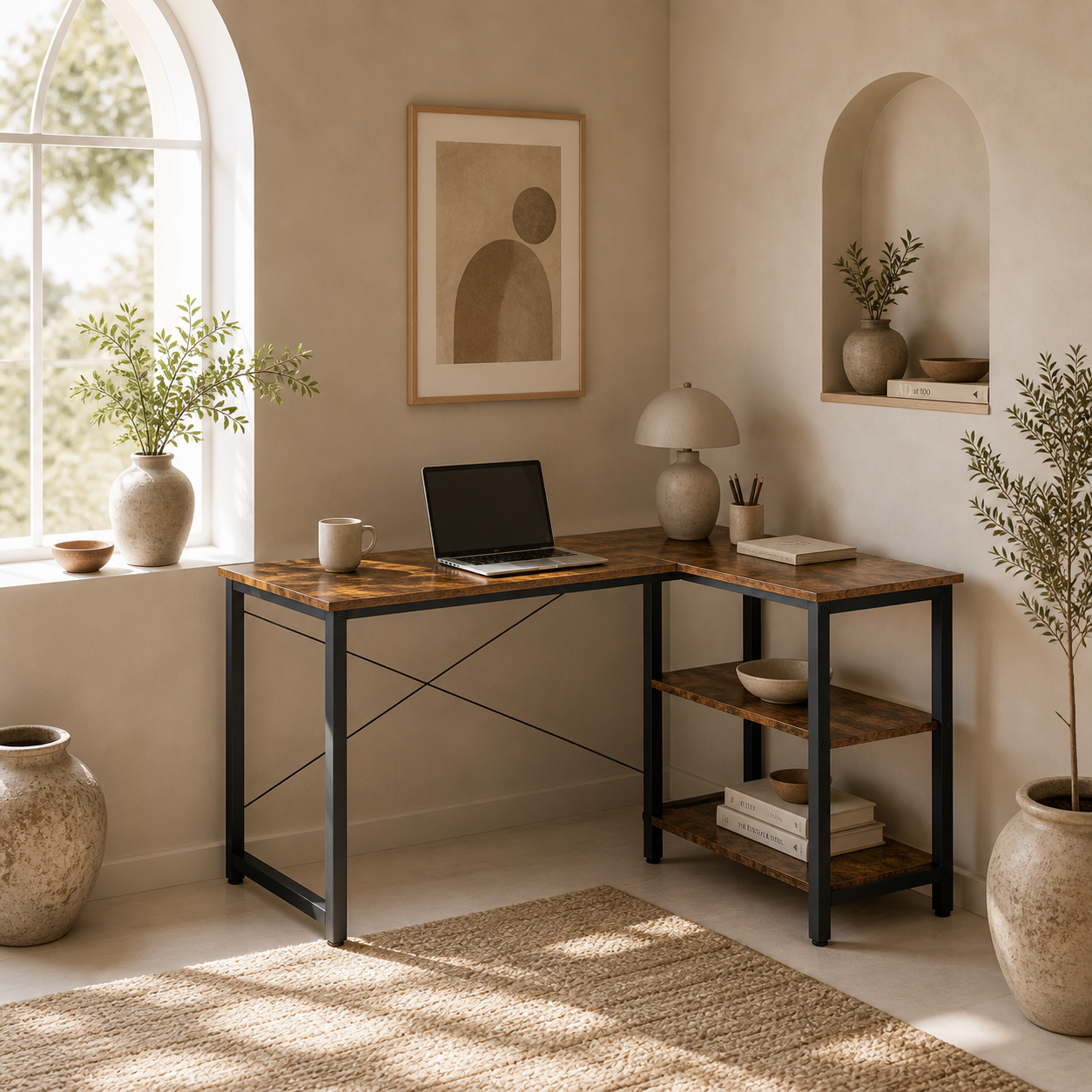 Morofi 120cm Rustic Brown L Shaped Desk with Integrated Bookshelf