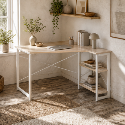 Haba 120cm Wooden Oak and White Metal Folding L Shaped Desk With 2 Tier Storage Shelves