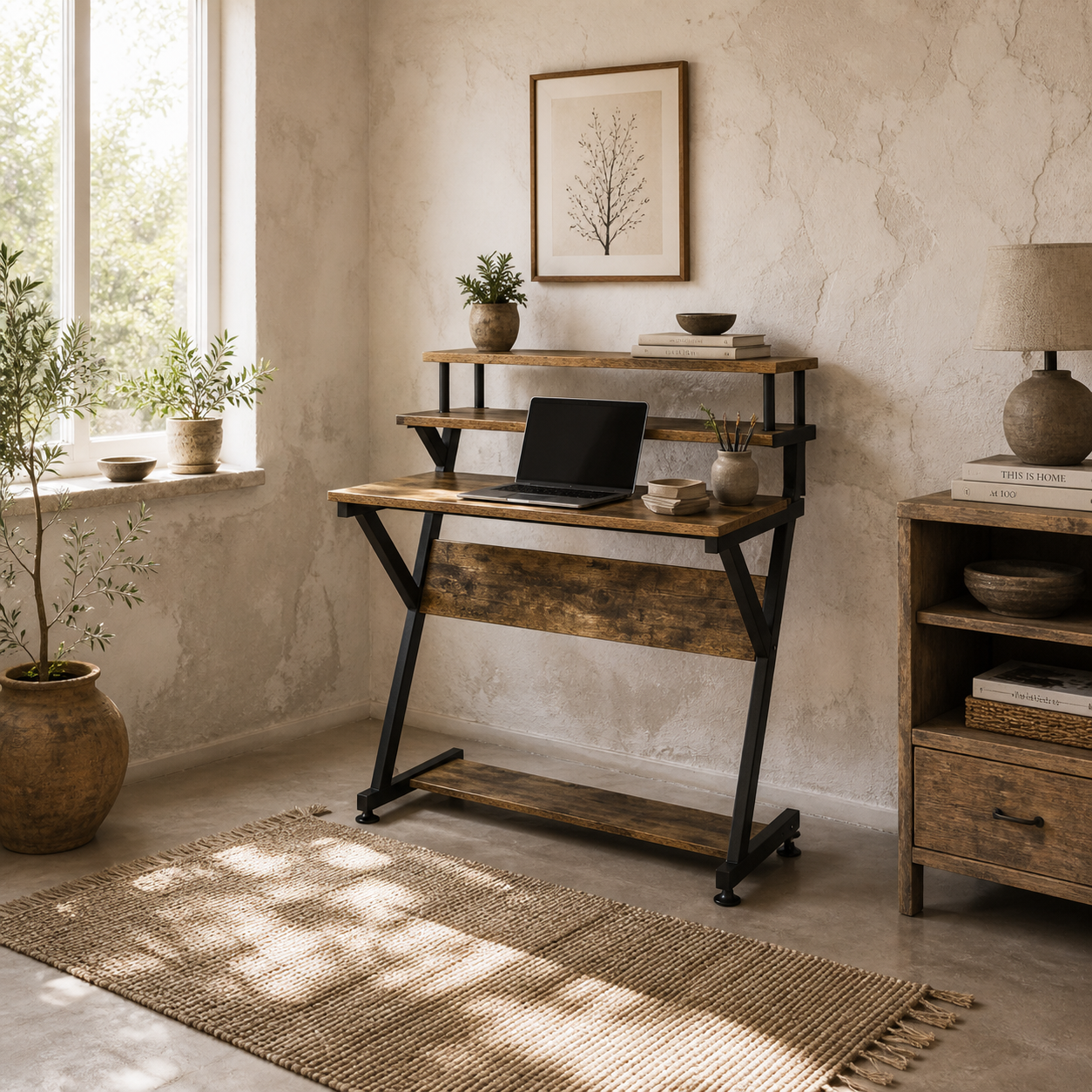 Lulose 70cm Small Black Metal And Wooden Rustic Brown Compact Industrial Desk With Monitor Stand