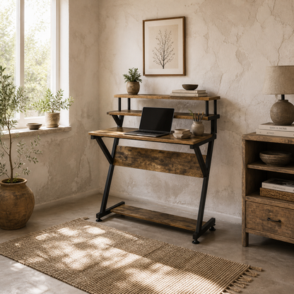 Lulose 70cm Small Black Metal And Wooden Rustic Brown Compact Industrial Desk With Monitor Stand