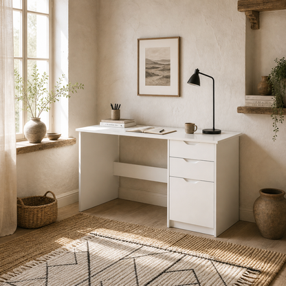 Niba 120cm High Gloss White Home Office Desk With Drawers And Storage Cabinet