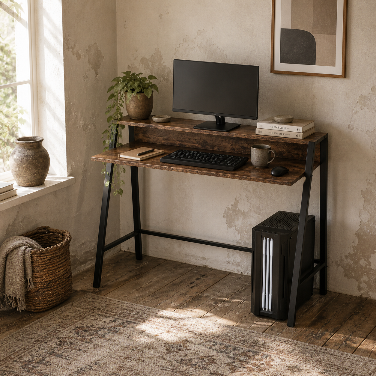 Lune 100cm Rustic Brown Compact Writing Desk With Integrated Storage Shelves