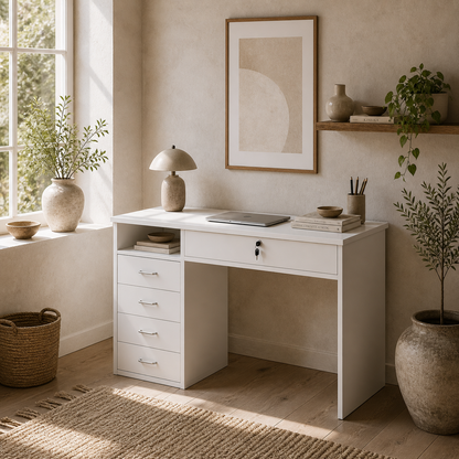 Fizita 110cm White Home Office Desk With 5 Storage Drawers