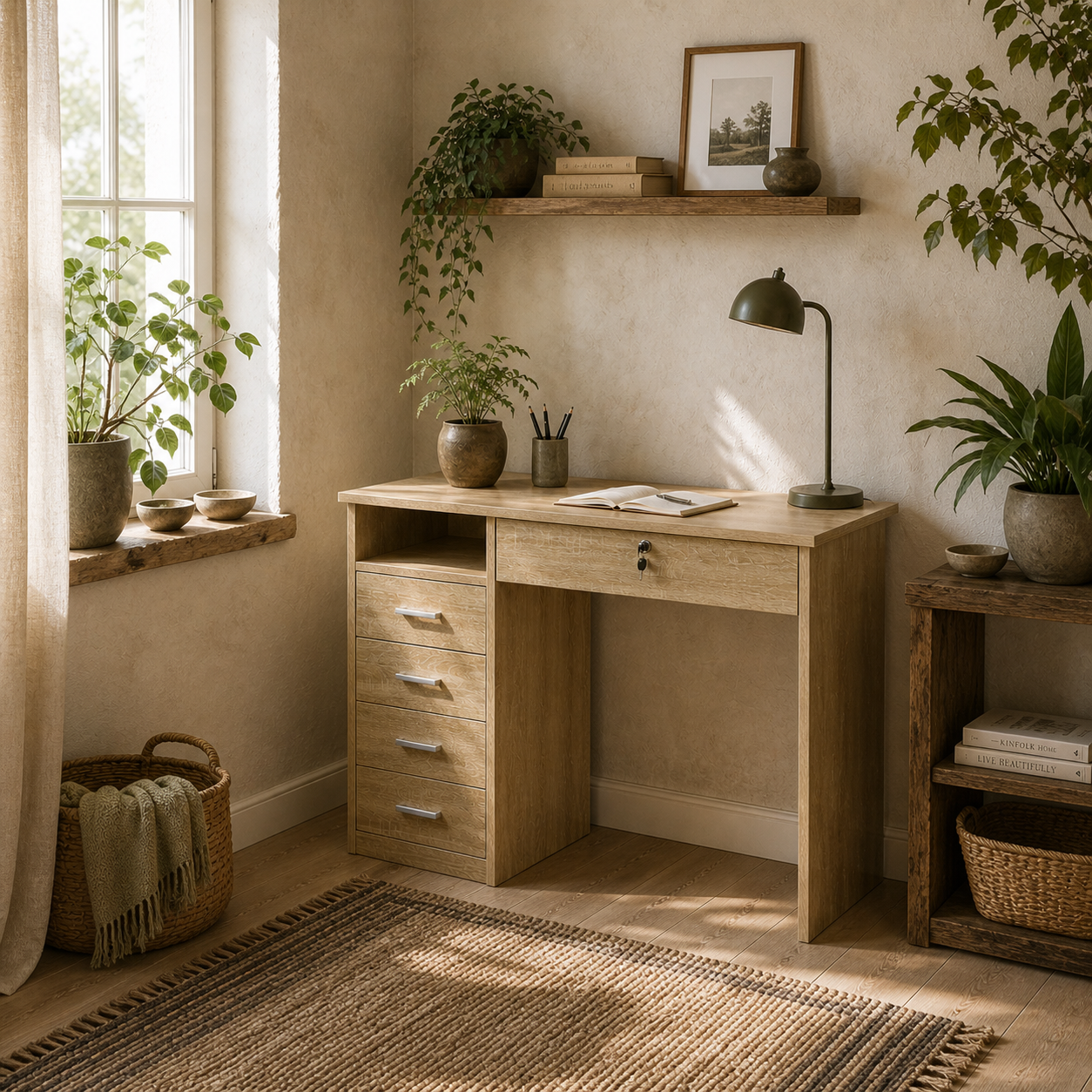 Yodino 110cm Oak Finish Home Office Desk With 5 Drawers And Side Shelving