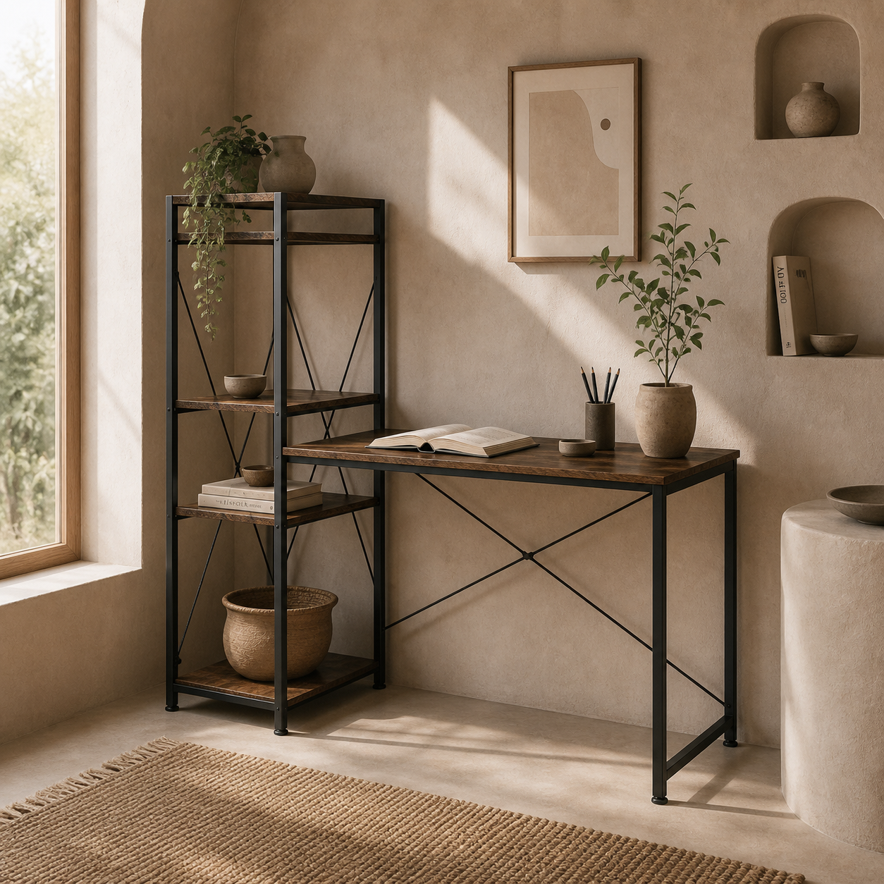 Ledo 120cm Rustic Brown And Black Reversible Industrial Home Office Desk With Side Shelving