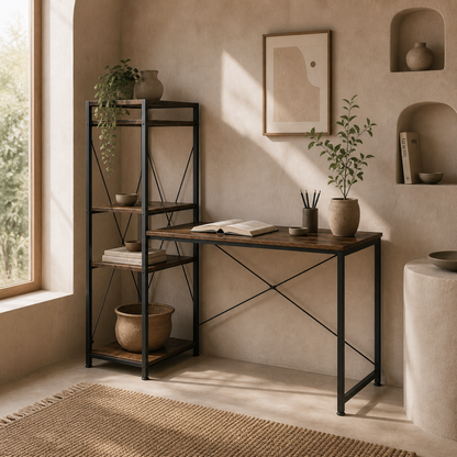 Ledo 120cm Rustic Brown And Black Reversible Industrial Home Office Desk With Side Shelving