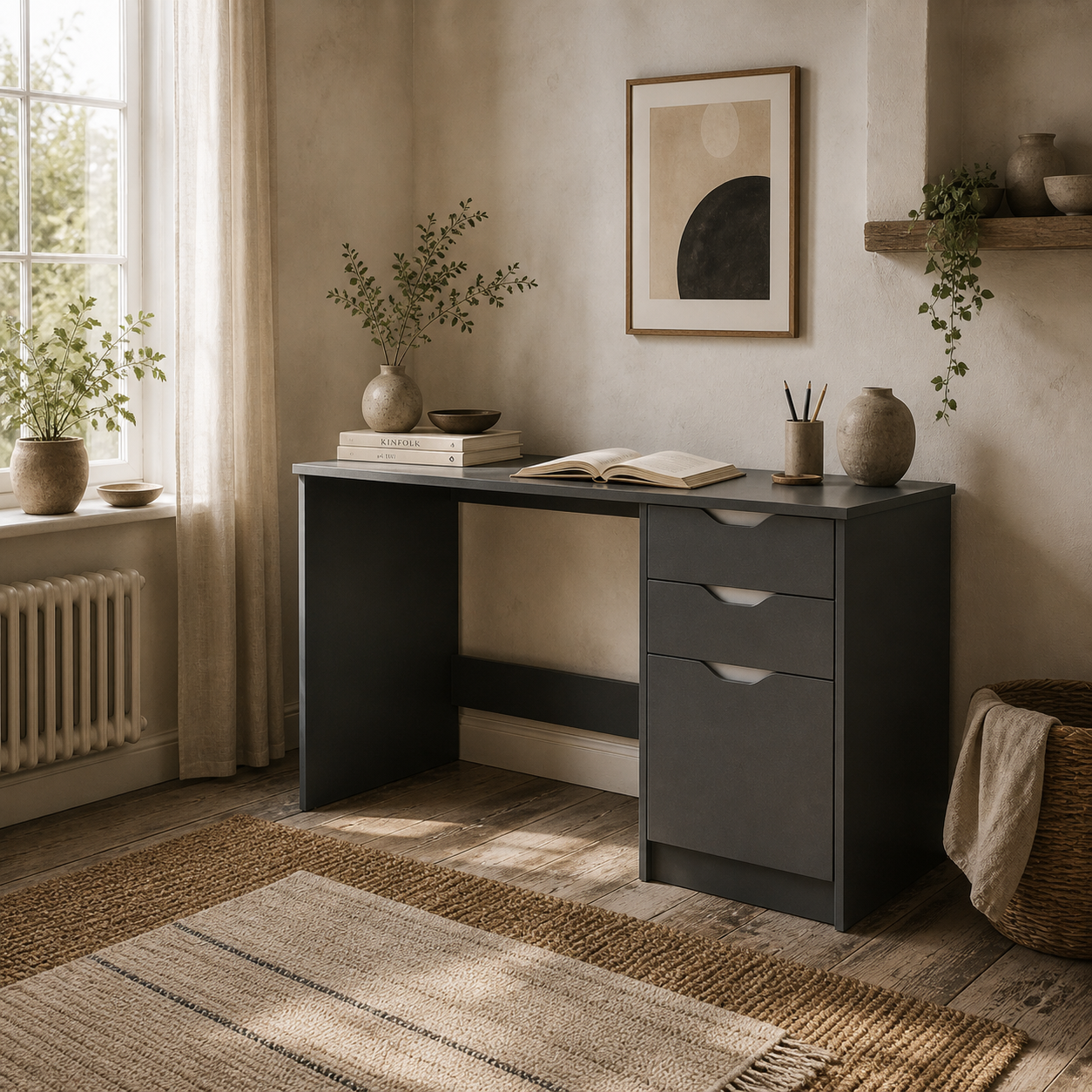 Sareco 120cm High Gloss Grey Home Office Desk With Drawers And Storage Cabinet