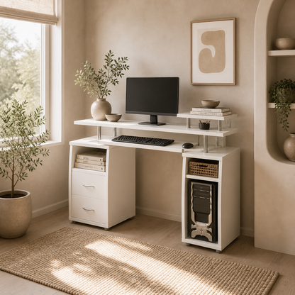 Risaso 120cm White Office Desk With Sliding Keyboard Tray 2 Drawers And Shelving