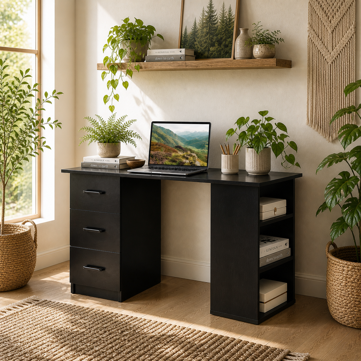 Fasasa 120cm Black Home Office Desk With 3 Shelves And 3 Drawers