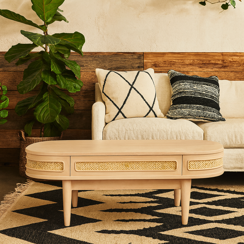 Chicago Cane Rattan and Natural Mango Wood Coffee Table 1 Drawer