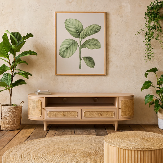 Chicago Cane Rattan and Natural Mango Wood 2 Drawers and 2 Door TV Cabinet