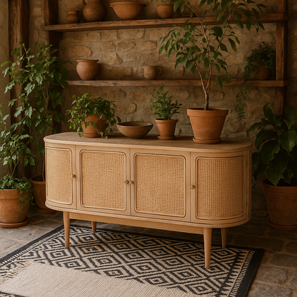 Chicago Cane Rattan and Natural Mango Wood 4 Doors Sideboard