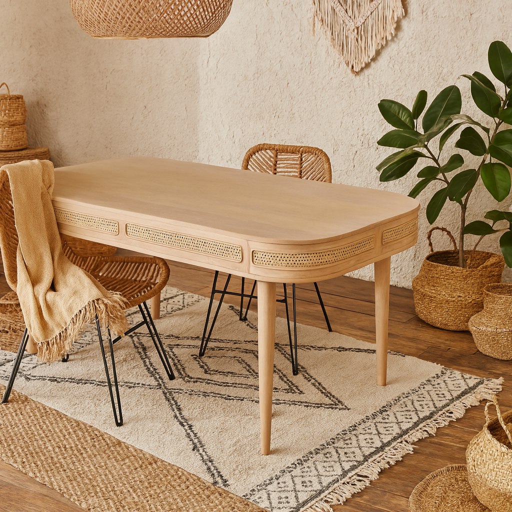 Chicago Cane and Carved Mango Wood 6 Seater Dining Table