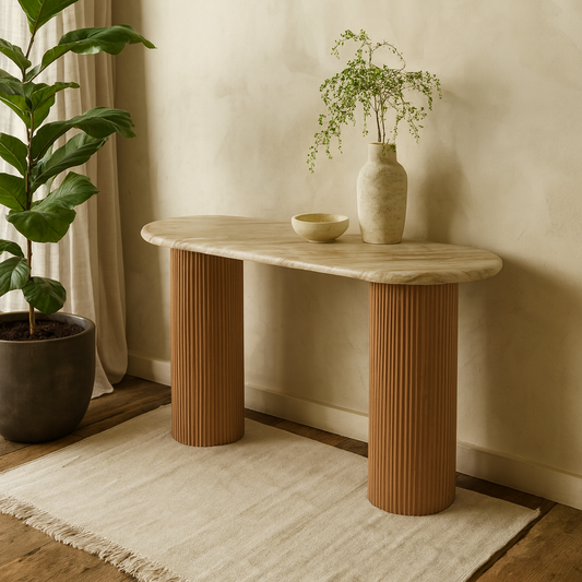 Boston Natural Oak and Brown Marble Pedestal Console Table