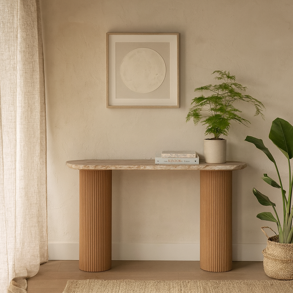 Boston Natural Oak and Brown Marble Pedestal Console Table