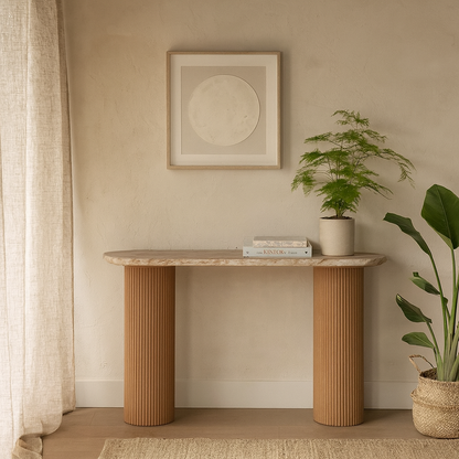 Boston Natural Oak and Brown Marble Pedestal Console Table