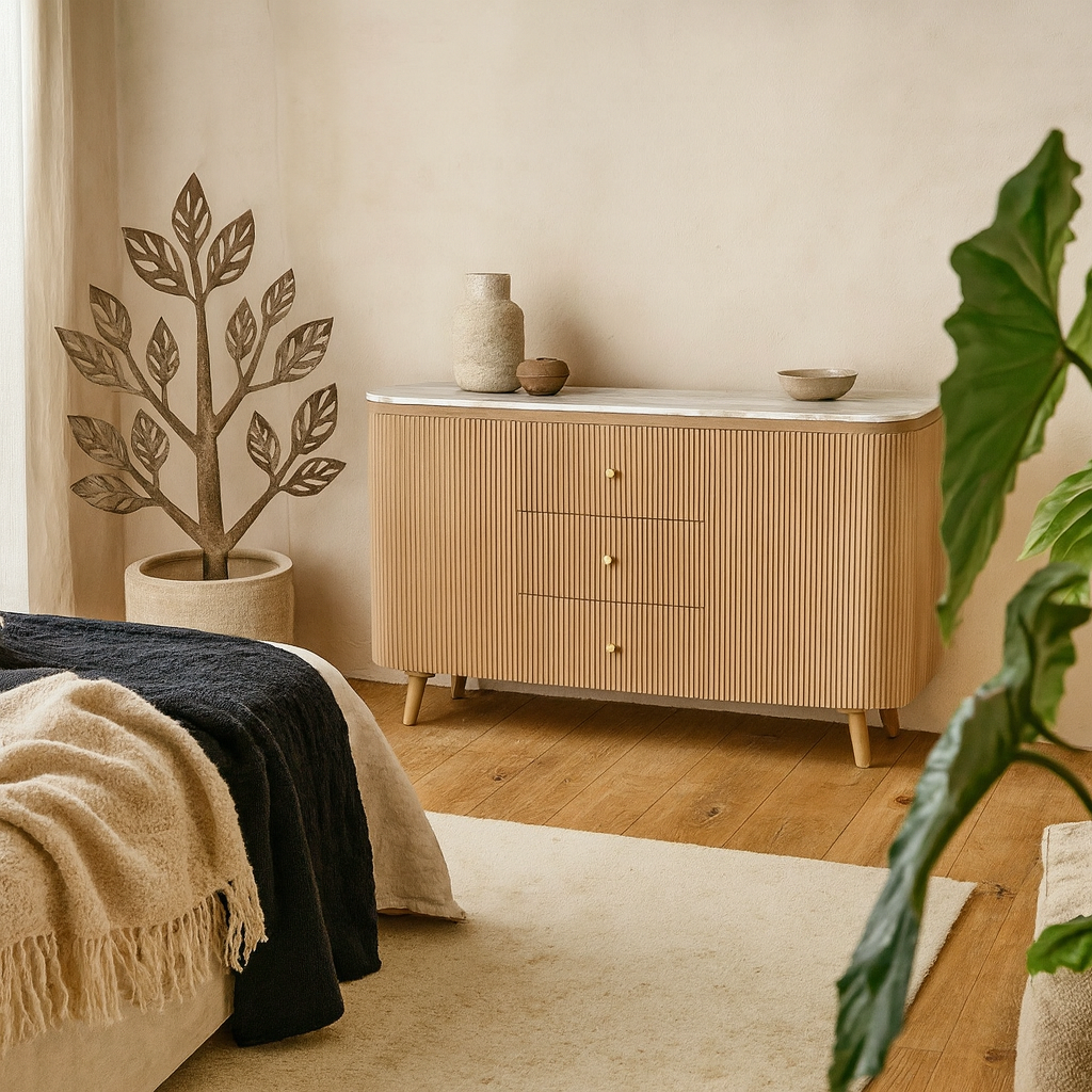 Boston Natural Oak and Brown Marble 3 Drawer Sideboard