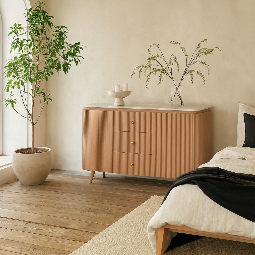 Boston Natural Oak and Brown Marble 3 Drawer Sideboard