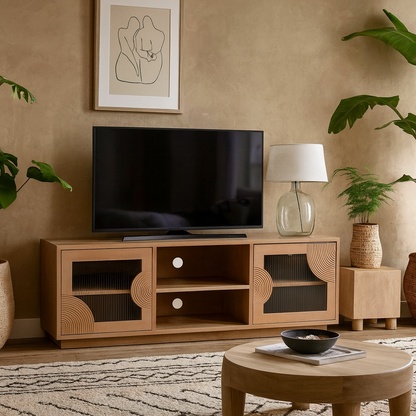 New Mexico Mango Wood 2 Door TV Unit with Reeded Glass