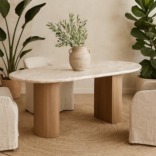 Boston Natural Oak and Brown Marble Pedestal 6 Seater Dining Table