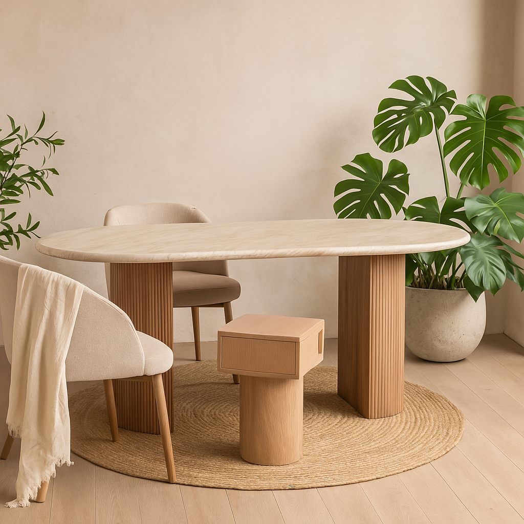 Boston Natural Oak and Brown Marble Pedestal 6 Seater Dining Table