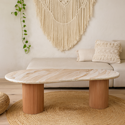 Boston Natural Oak and Brown Marble Pedestal Coffee Table