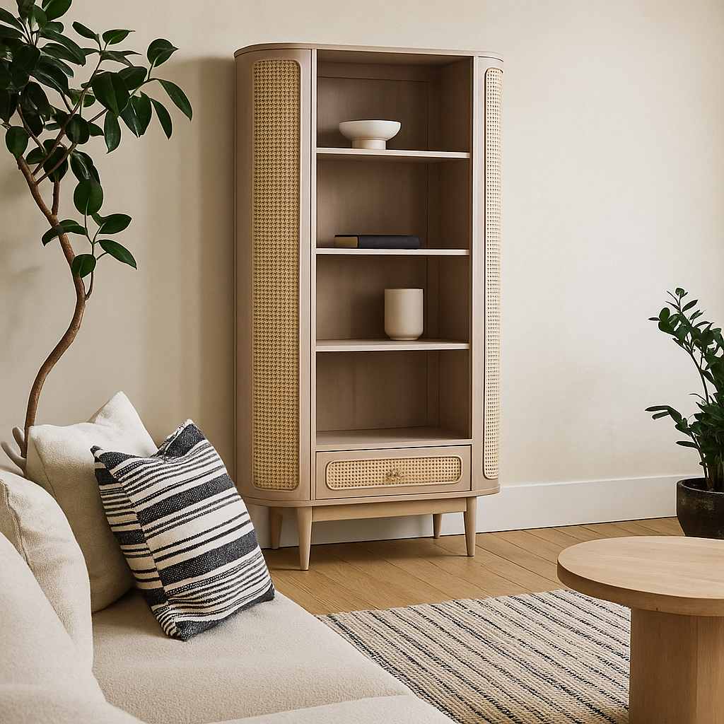 Chicago Cane Rattan and Natural Mango Wood Display Shelving Unit with Drawer