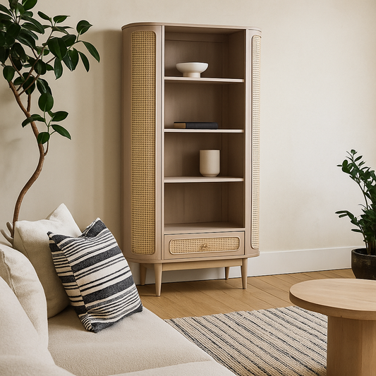 Chicago Cane Rattan and Natural Mango Wood Display Shelving Unit with Drawer