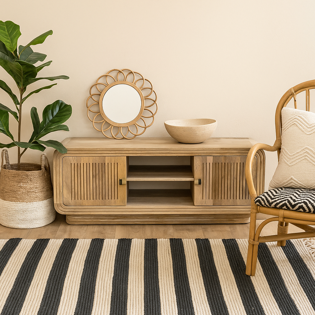 Arizona Carved Natural Mango Wood 2 Door TV Unit with Open Shelves