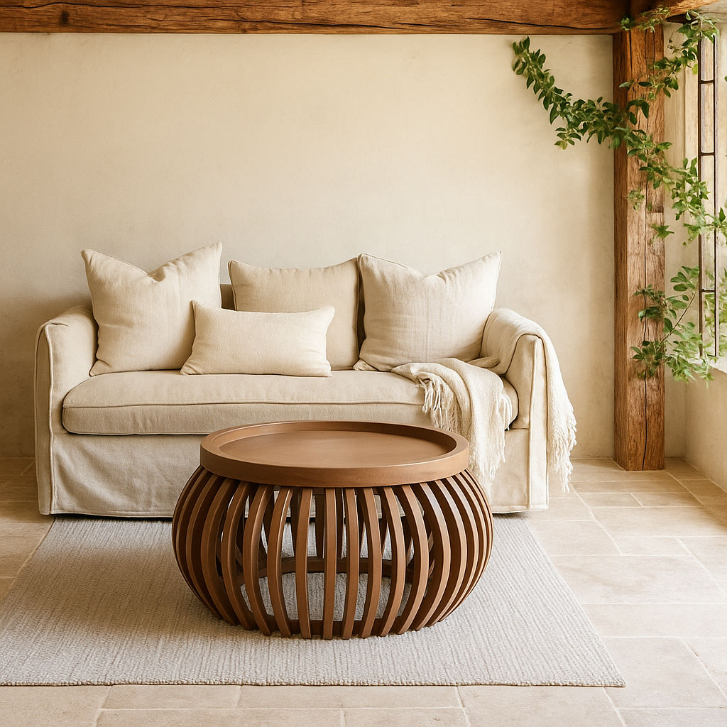 New Mexico Small Natural Mango Wood Round Low Slatted Coffee Table