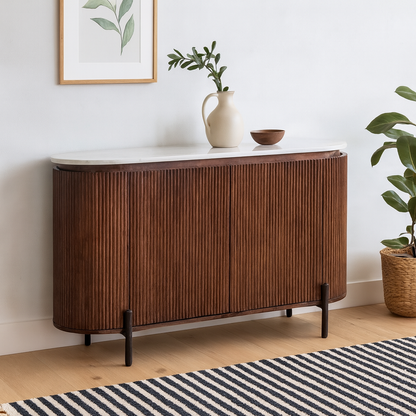 Alabama Ribbed  Solid Mango Wood Drinks Cabinet With Marble Top and Metal Legs