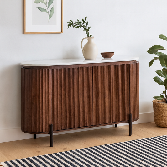 Alabama Ribbed  Solid Mango Wood Drinks Cabinet With Marble Top and Metal Legs
