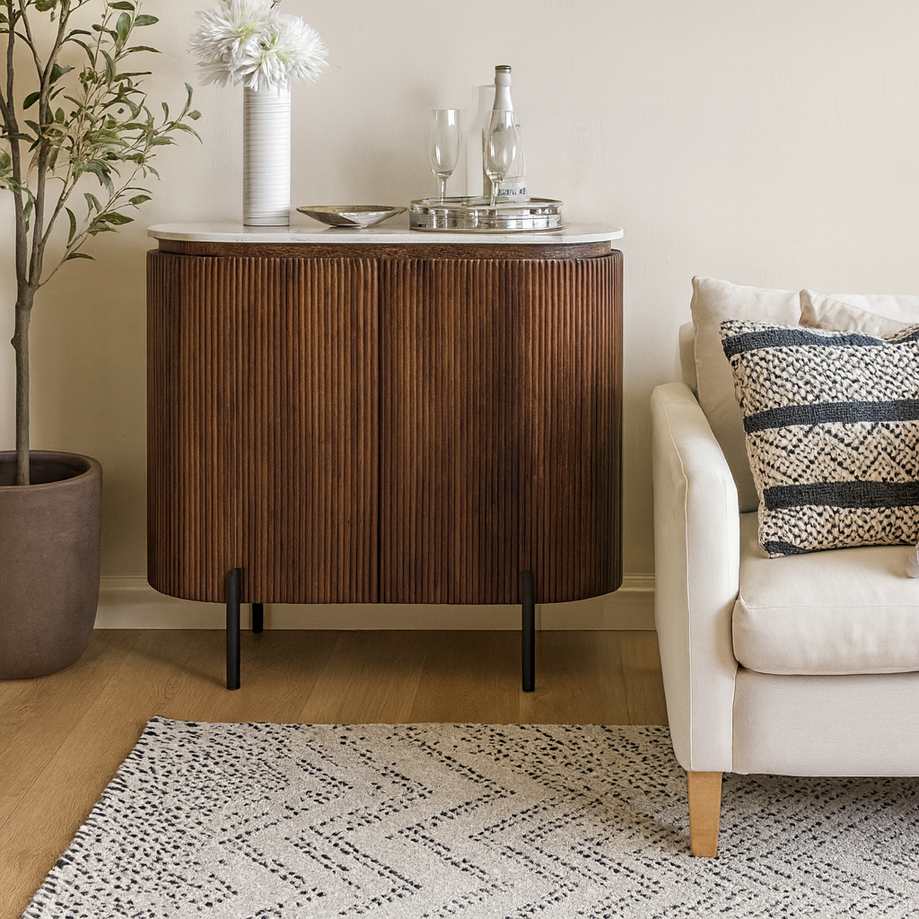Alabama Ribbed Solid Wood Sideboard Drinks Cabinet With Marble Top and Metal Legs